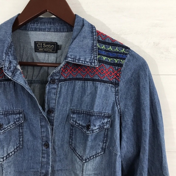 Ci Sono Chambray Embroidered Button Up Blouse - Picture 2 of 6